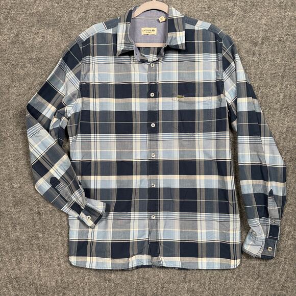 Lacoste Mens Size Large Regular Fit Button Up Shirt Blue Gray Cotton Plaid - Picture 1 of 10